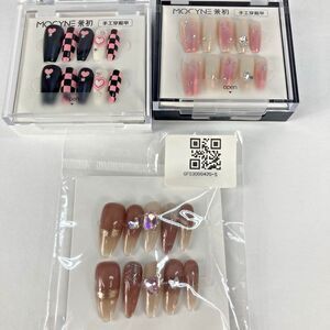 Press On Nails 3 Pack Lot Coffin Square Nude Pink Black Rhinestone Art Reusable